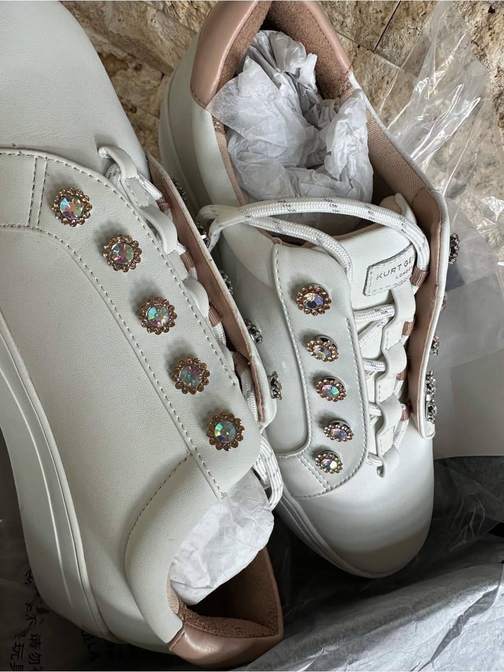 Kurt Geiger White Sneakers with Pink Collar and Crystal Studs
